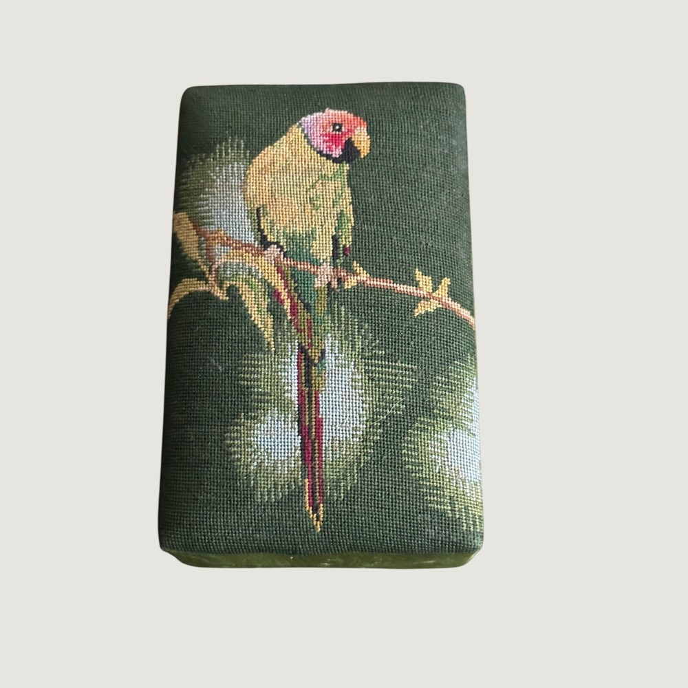 Vintage Needlepoint Parrot Trinket Box Green Satin Tropical Bird